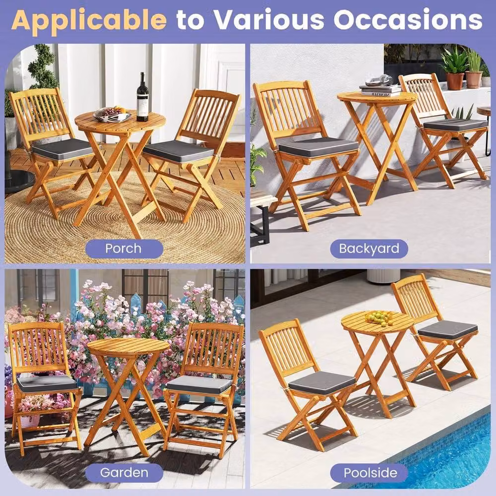 KORVIXA Acacia Wood Folding Bistro Set of 3 for Patio and Garden, Brown, Width: 100 cm – 4