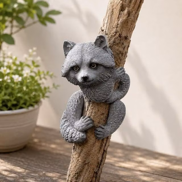 Marco Paul Raccoon Tree Peeker Resin Garden Ornament in Grey – 1