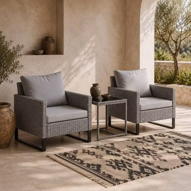 Wyld Haus Dobaso 3 Piece Grey Rattan Bistro Set with Tempered Glass Table – 1