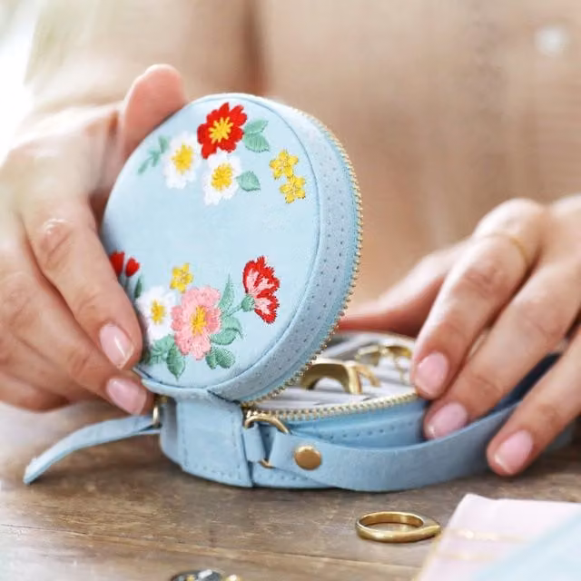 Lisa Angel Women's Blue Embroidered Floral Mini Round Jewellery Case in Baby Blue