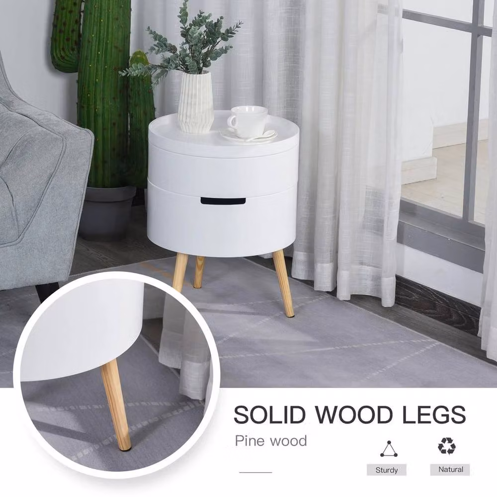 FORGEVIO White Round Side Table with Detachable Tray and Storage, W: 48.3 cm, D: 38.0 cm – 2