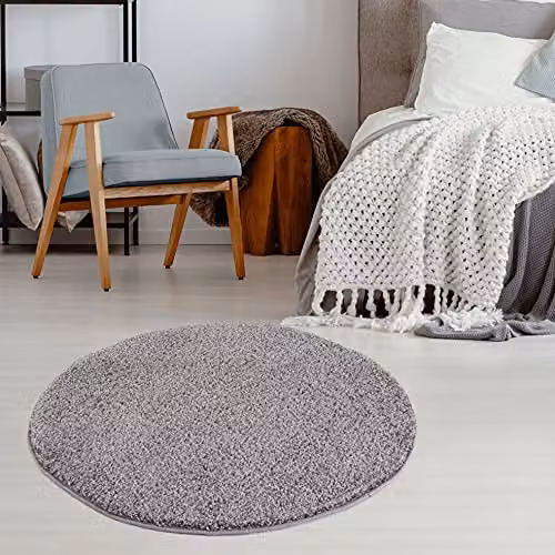 THE RUGS Grey Plain Soft High Pile Shaggy Round Rug, Diameter: 120 cm – 2