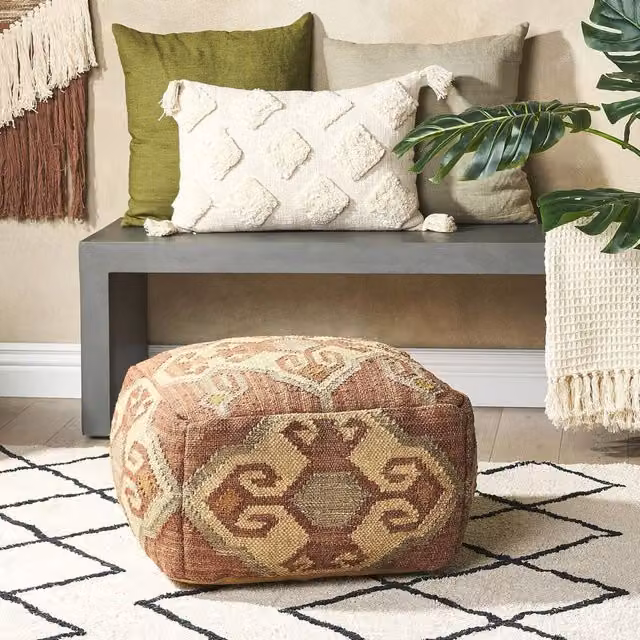 Wyld and Coco Multicolour Red Jute and Wool Pouffe W/D/H: 50 x 50 x 30 cm
