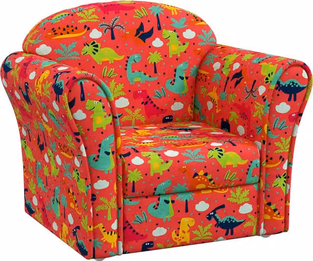 AIYAPLAY Kids Armchair with Dinosaur Design, Red Fabric and Solid Wood Frame