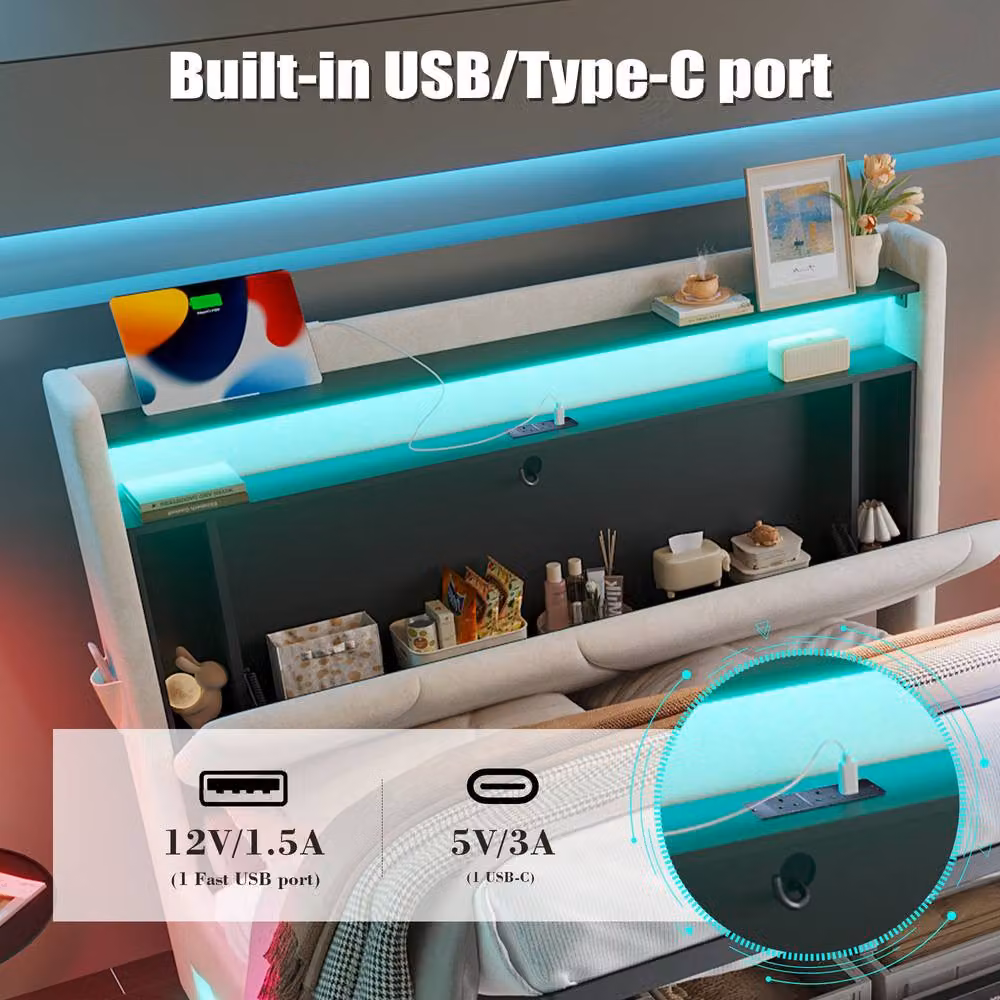 Direct Wicker Beige Upholstered Double Storage Bed with LED Lighting and USB Type-C, W/D/H: 135 x 190 cm – 5