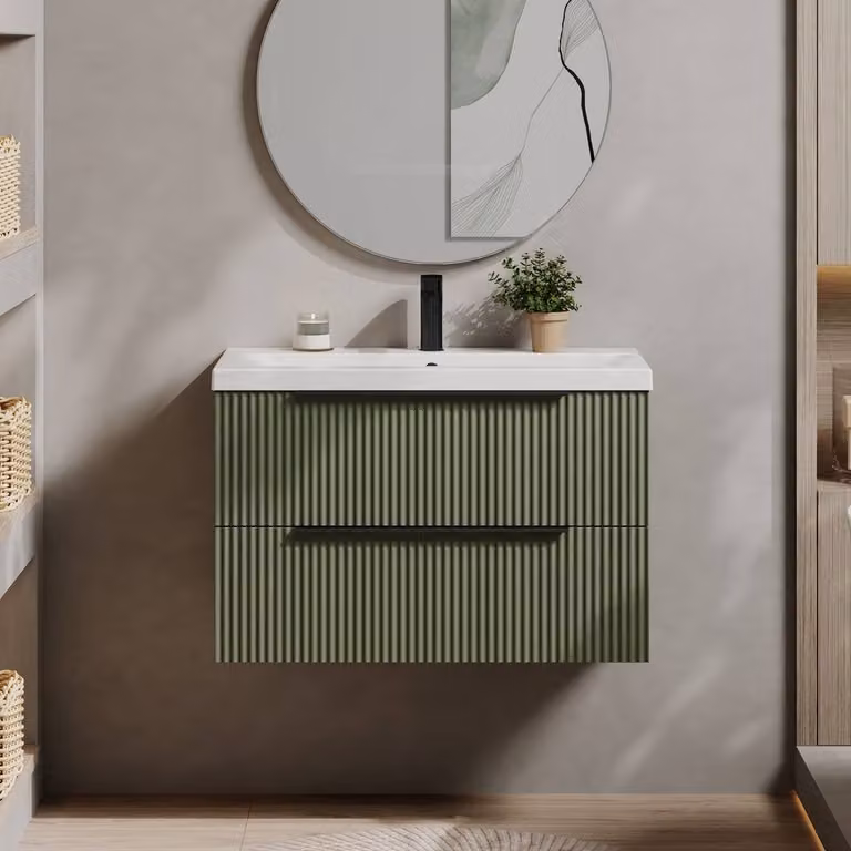 Balterley Fluted Front Wall Hung 2 Drawer Vanity Basin Unit, Satin Green, W: 80 cm