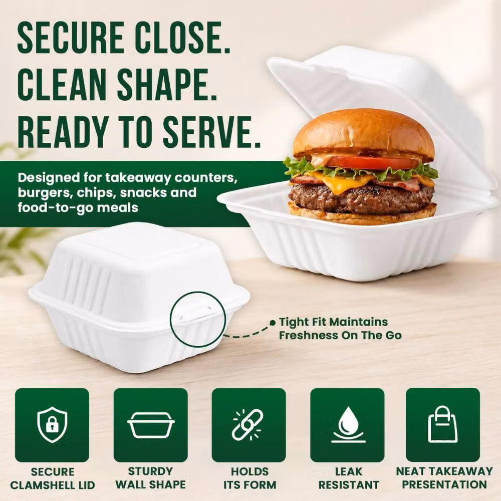 ECONX White Biodegradable Bagasse Clamshell Takeaway Burger Boxes, Pack of 50 – 5