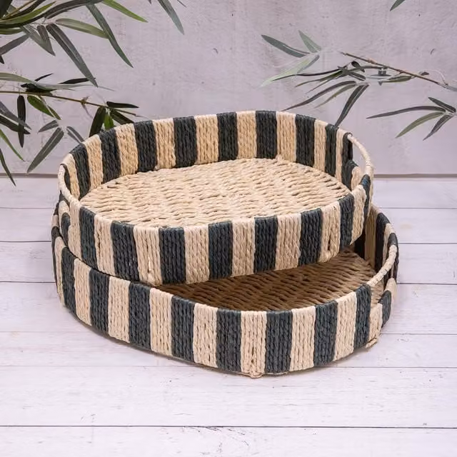 Annibells Round Striped Rattan Woven Serving Tray in Green, Diameter: 40 cm