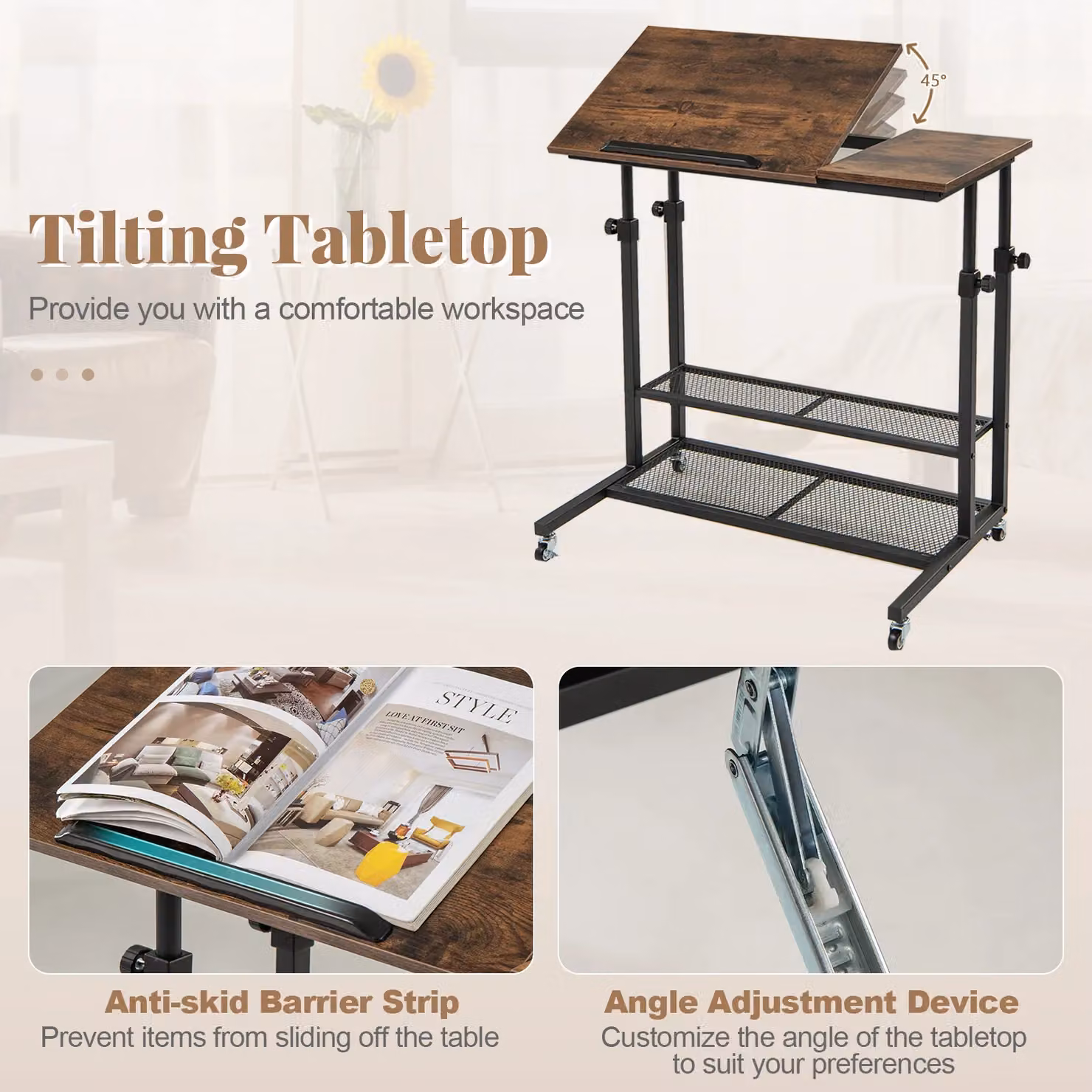 Gymax Height Adjustable Mobile Standing Desk with Tilting Tabletop and Shelves in Brown – 6