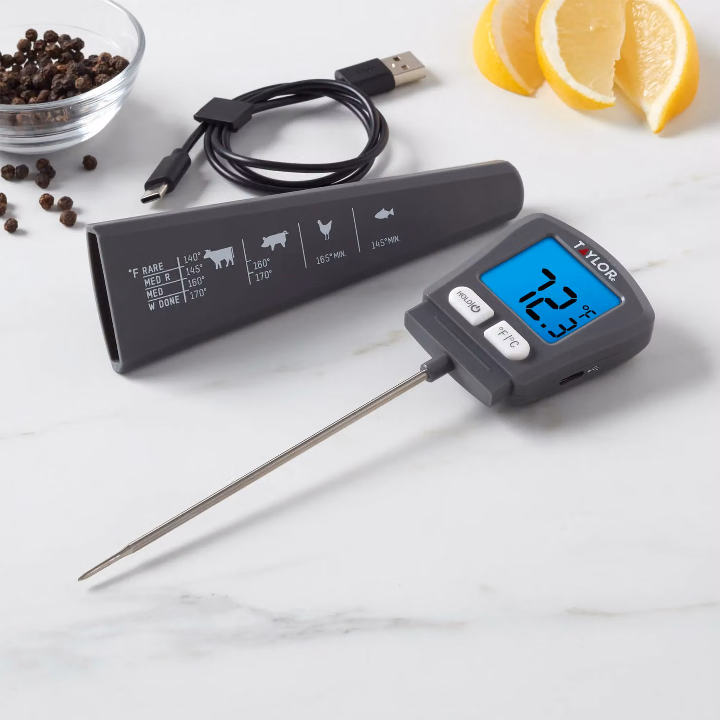 Taylor Pro USB Rechargeable Instant Read Digital Meat Thermometer in Black or Grey, W/D/H: 20.5 x 2.5 x 5.7 cm – 7