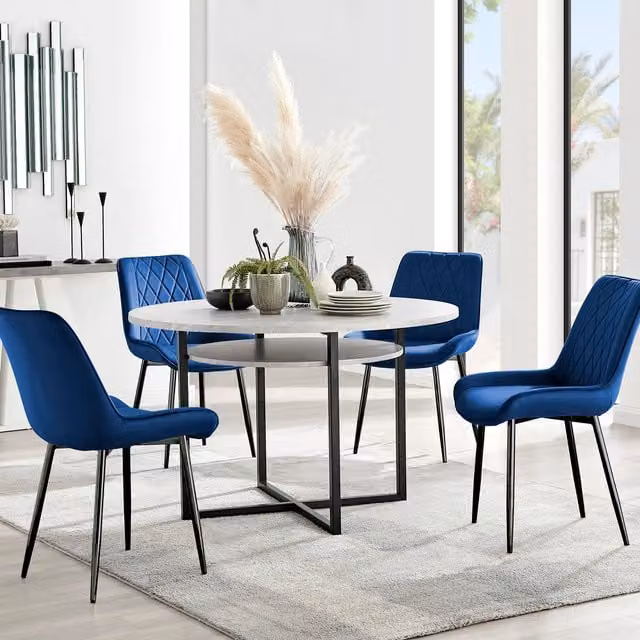 FurnitureboxUK Adley Grey Concrete Effect Round Dining Table and 4 Pesaro Black Leg Chairs in Navy