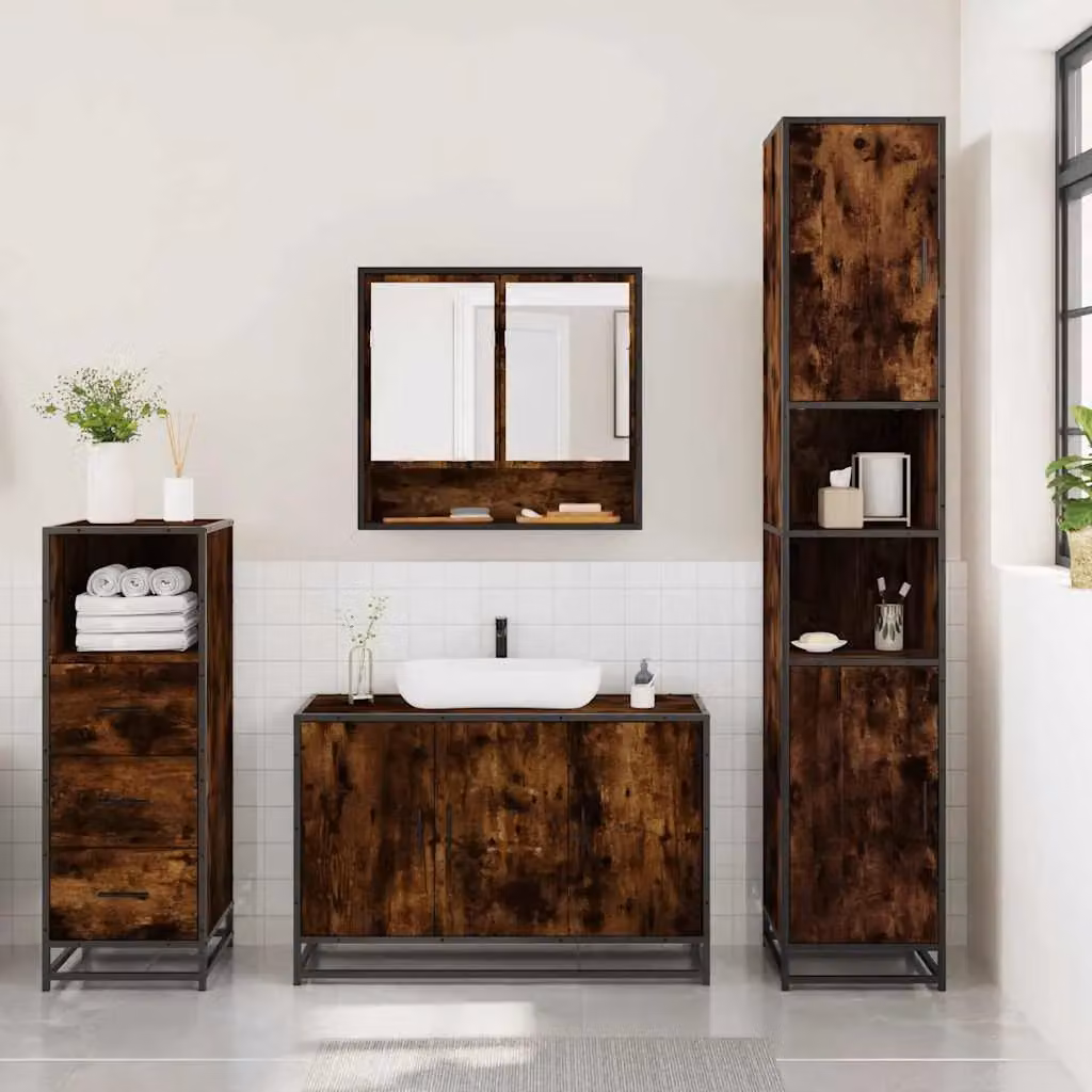 Berkfield Home 3 Piece Industrial Bathroom Furniture Set in Brown Smoked Oak – 3