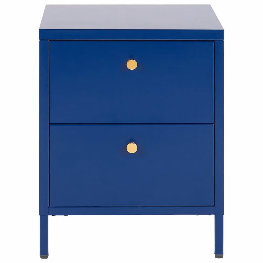 Wyld and Coco Two-Drawer Industrial Glam Bedside Table in Blue and Gold – 3