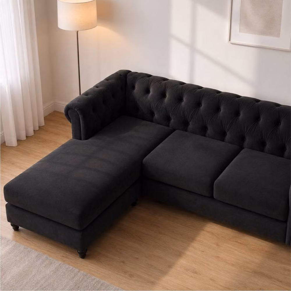 Sofaya Hampton 3 Seater L Shape Chesterfield Sofa in Black Velvet with Left Hand Chaise – 2