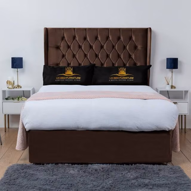 UK Bed Furniture Mary Winged Divan Bed Base with 54 Inch Buttoned Headboard in Brown Velvet, King Size W/D/H: 180 x 200 cm – 1