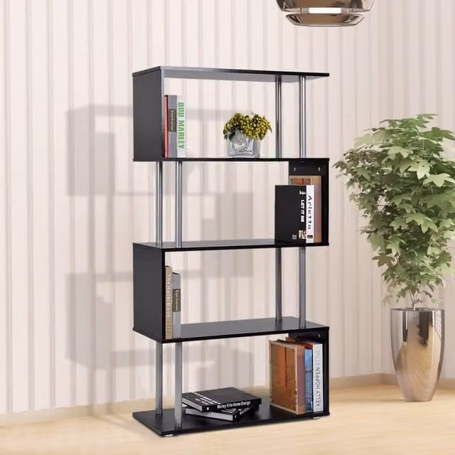 HOMCOM Modern S-Shape Wooden Storage and Display Unit in Black