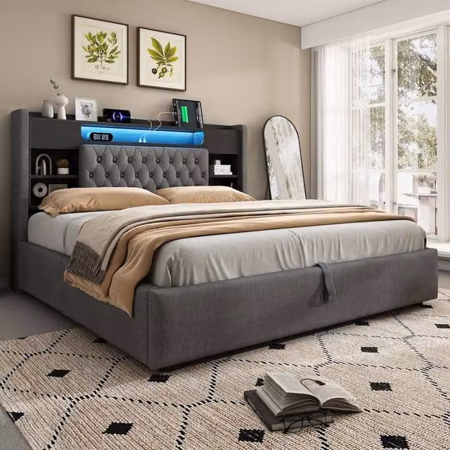 Rolipo Grey Linen Super King Ottoman Bed with LED Lighting, USB Charging Port and Bedside Shelf, W/D/H: 180 x 200 cm