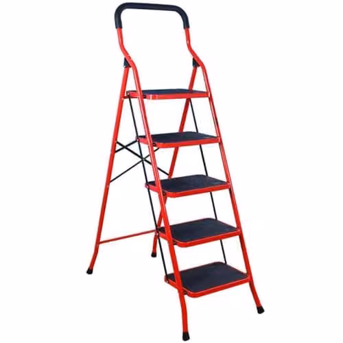 TUFFMATE 5 Step Folding Steel Step Ladder with Handrail and Non-Slip Treads, Red – 1