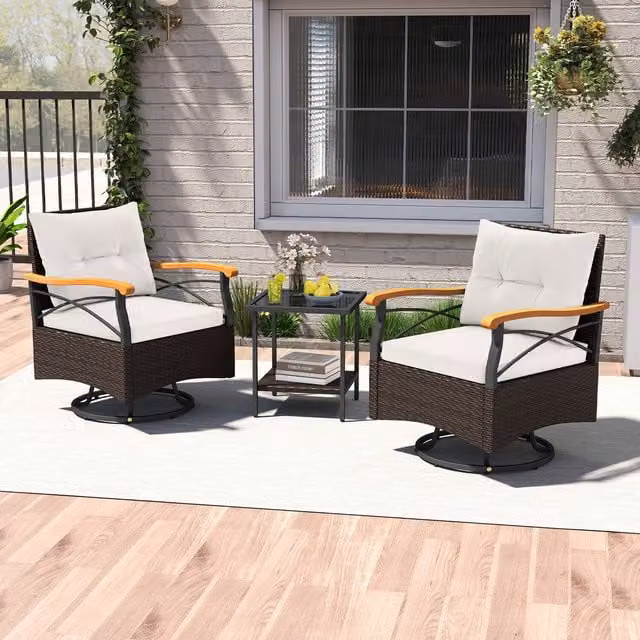 Costway 3 Piece Modern Outdoor Swivel Chair Set in White and Brown with Acacia Wood and Rattan