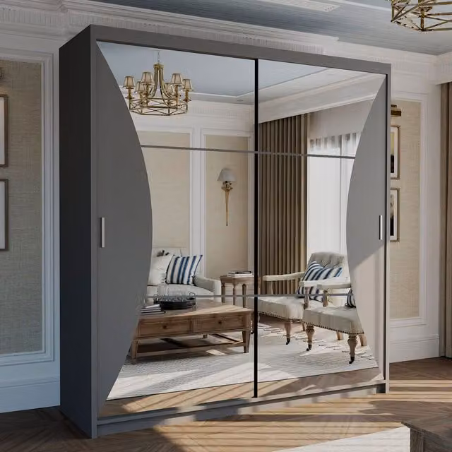 MN Furniture Canberra Grey Sliding Wardrobe with Mirror and Integrated LED Lighting W: 150 cm, H: 217 cm
