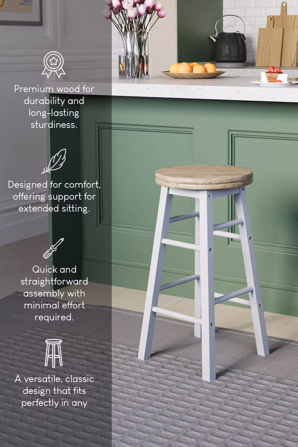 HD Designs White Wooden Revolving Bar Stool for Kitchen and Dining Rooms – 3