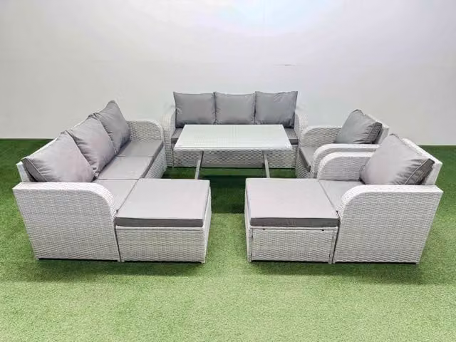 Fimous Rattan High Back Lounge Sofa Set in Light Grey with Reclining Chairs, Ottomans and Coffee Table