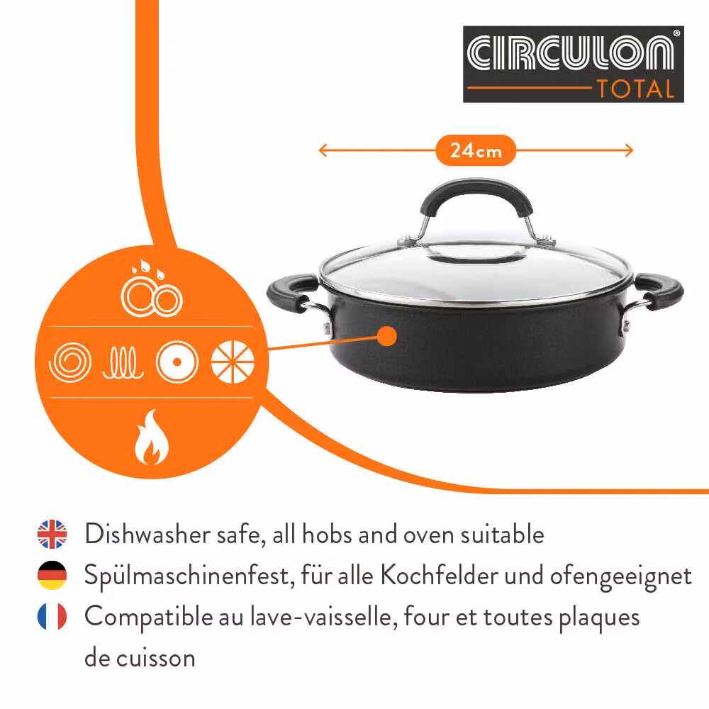 Circulon Total Non Stick Hard Anodised Casserole Dish with Glass Lid, Black, Diameter: 24 cm – 4