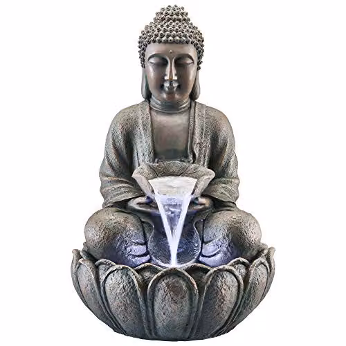 Clifford James Serenity Bronze Sitting Buddha Water Feature with LED Light, Brown Polyresin Cascade, Height: 55 cm