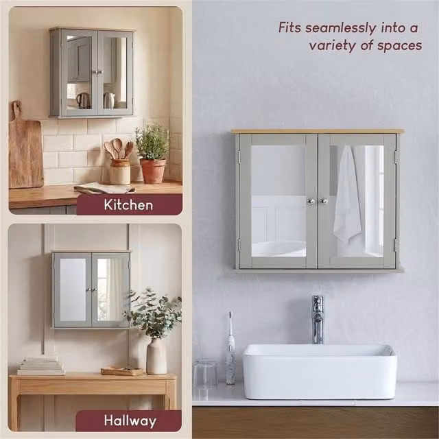 SPETLEK Grey Oak Mirrored Bathroom Wall Cabinet with 2 Hinged Doors