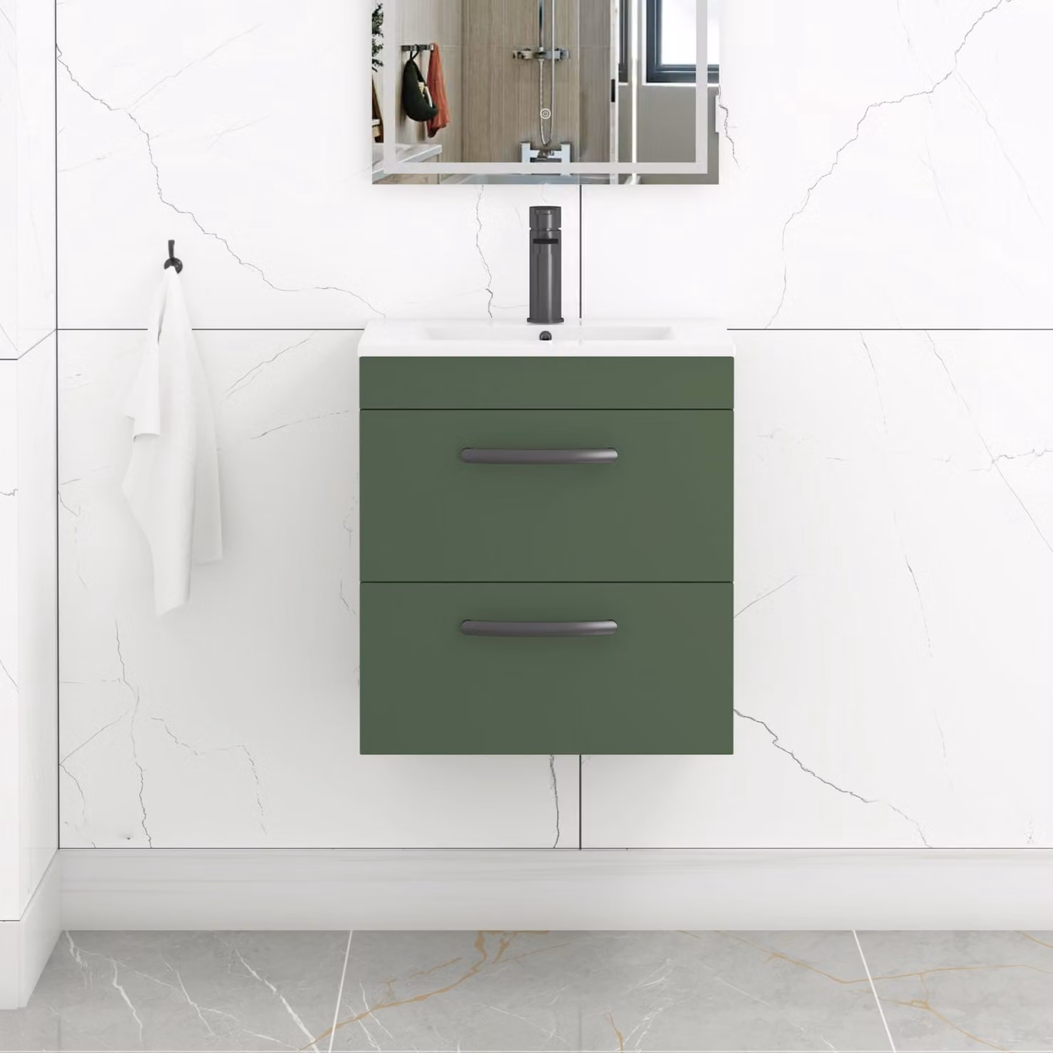 Royal Bathrooms Turin 500mm Wall Hung Vanity Unit in Matt Green with 2 Drawers and Matt Black Handles