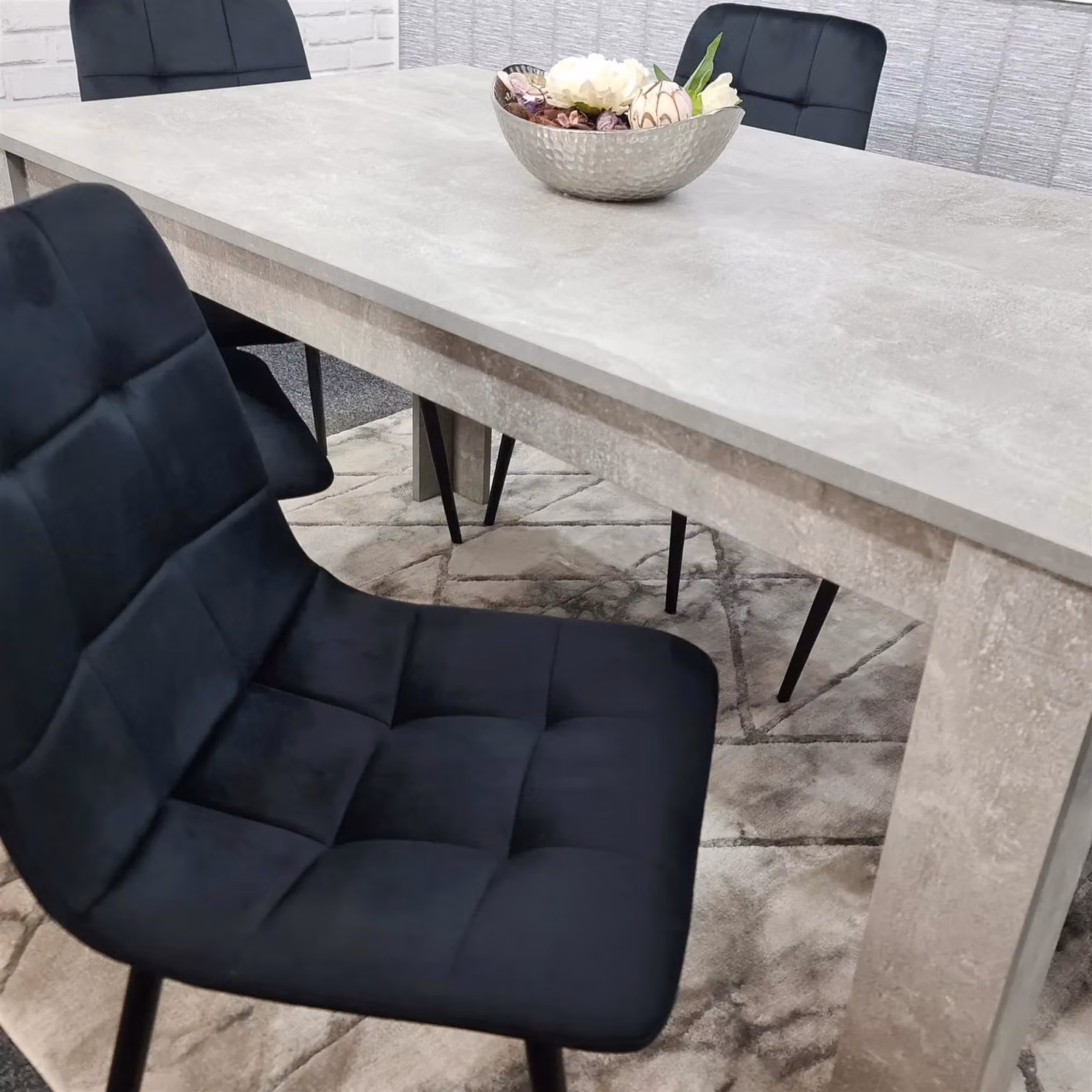 Kosy Koala Stone Grey Effect Wooden Dining Table Set with 6 Black Velvet Chairs in Brown – 7