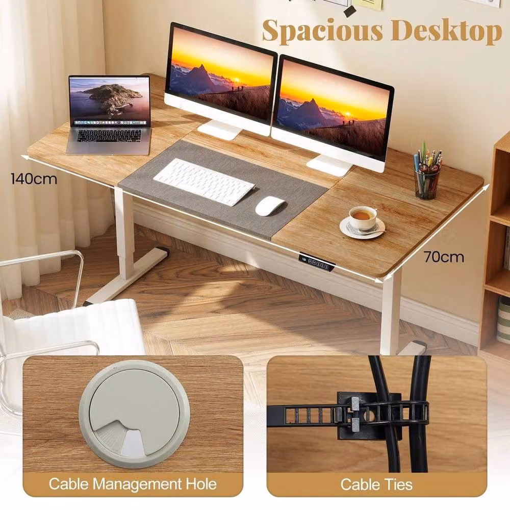 KORVIXA Electric Height Adjustable Computer Desk in Beige, W: 140 cm, D: 70 cm, H: 72 cm – 3