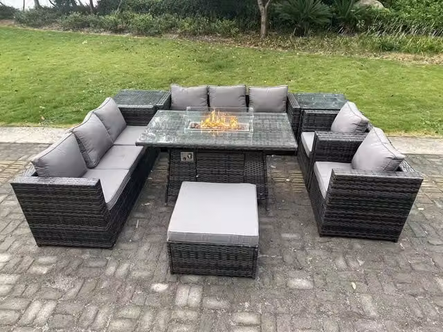 Fimous 9 Seater Outdoor Gas Fire Pit Dining Set with Lounge Chairs and Side Tables in Dark Grey