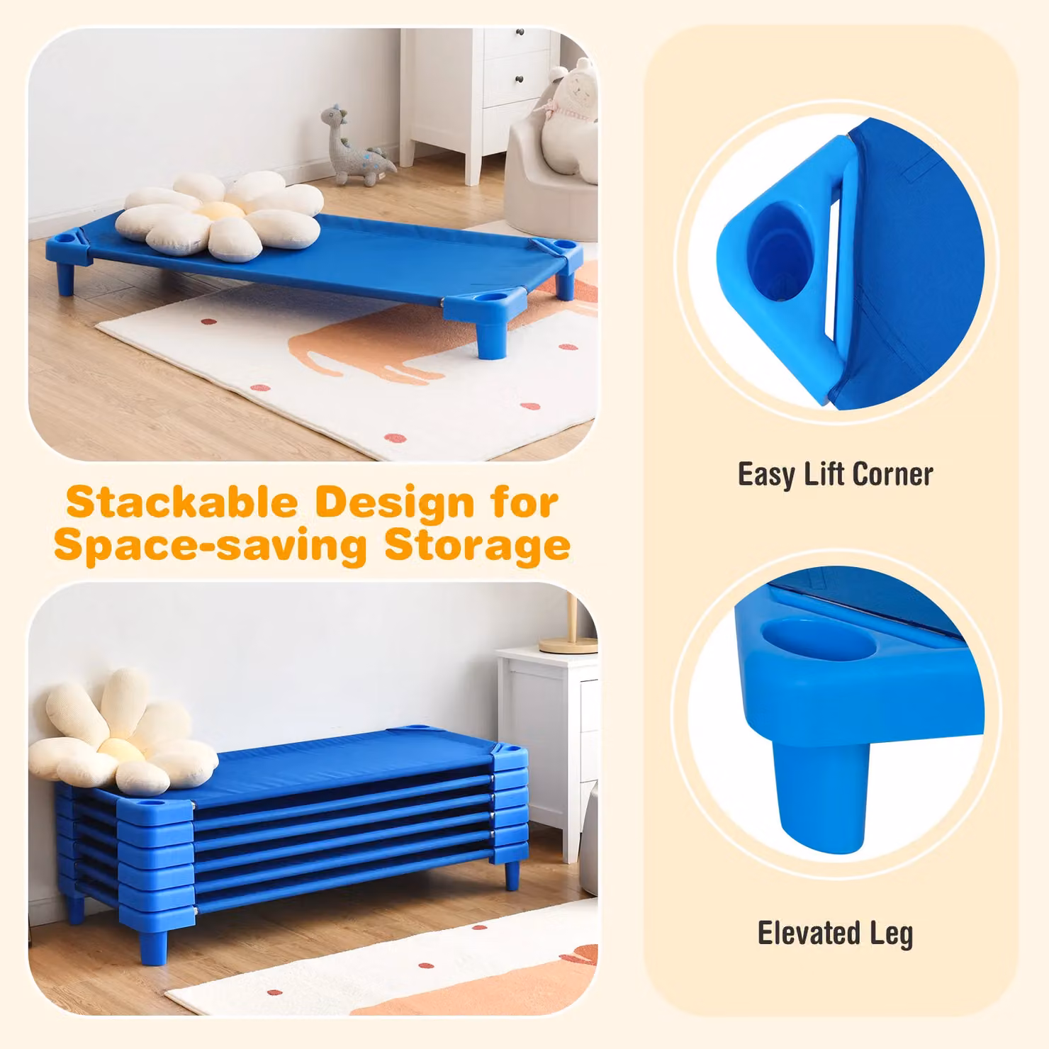 Costway 6-Piece Stackable Naptime Cot Toddler Daycare Rest Mats in Blue, W/D/H: 90 x 190 cm – 4