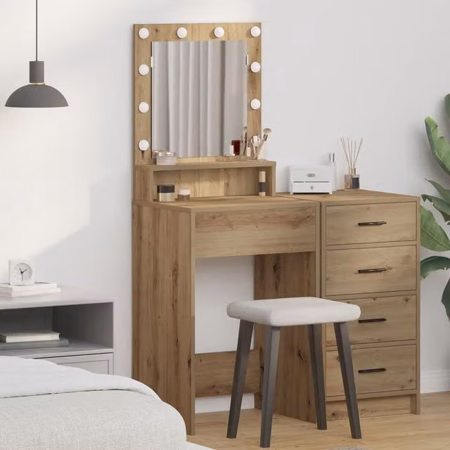 Berkfield Home LED Lighted Dressing Table in Artisan Oak, Brown, W/D/H: 50 x 41 x 135 cm – 1