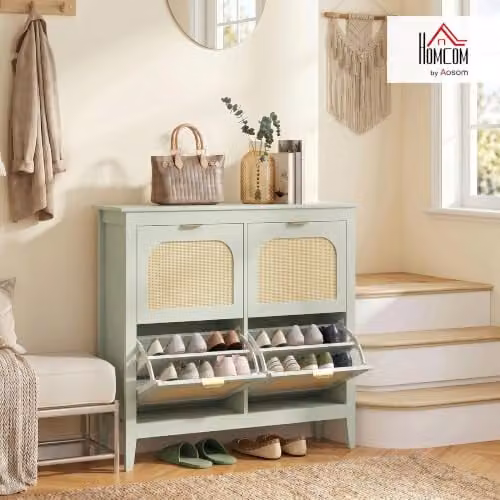 HOMCOM Boho Slim Shoe Cabinet with Rattan Doors, Holds 20 Pairs, Green, W/D/H: 105 x 24 x 95.5 cm