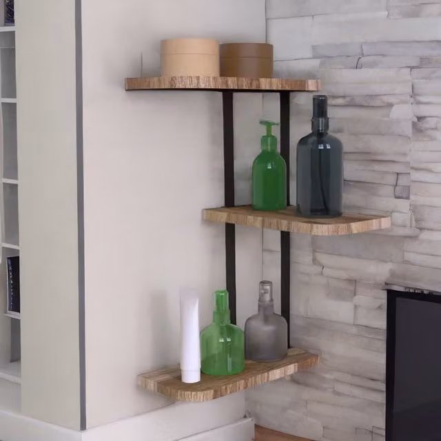 Pirlo Plush 3 Tier Wall Mounted Floating Corner Shelf in Rustic Brown