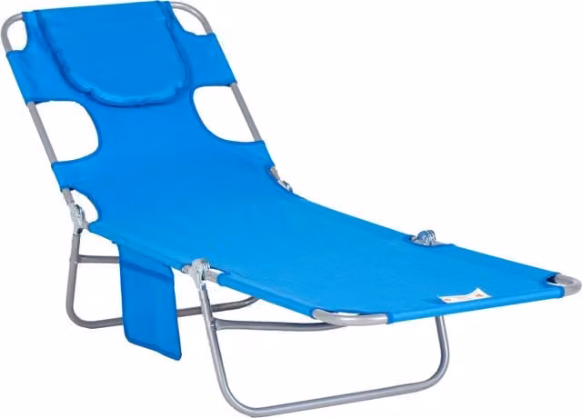 Outsunny Portable Beach Chaise Lounge with Adjustable Headrest and 5-Position Backrest, Azure Blue