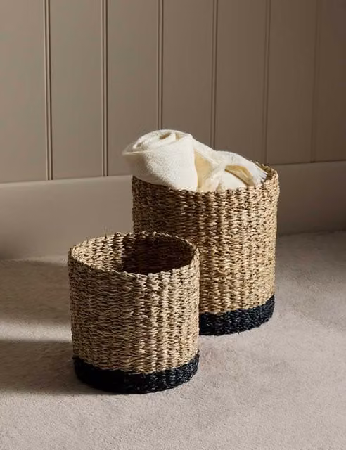 M&S Set of 2 Open Weave Raffia and Seagrass Contrast Baskets in Beige and Sand