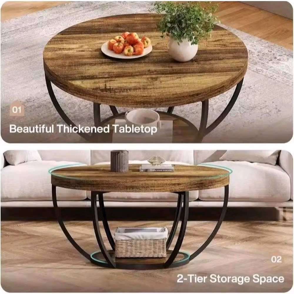 KORVIXA Round 2-Tier Wooden Coffee Table in Brown, Diameter: 100 cm – 5