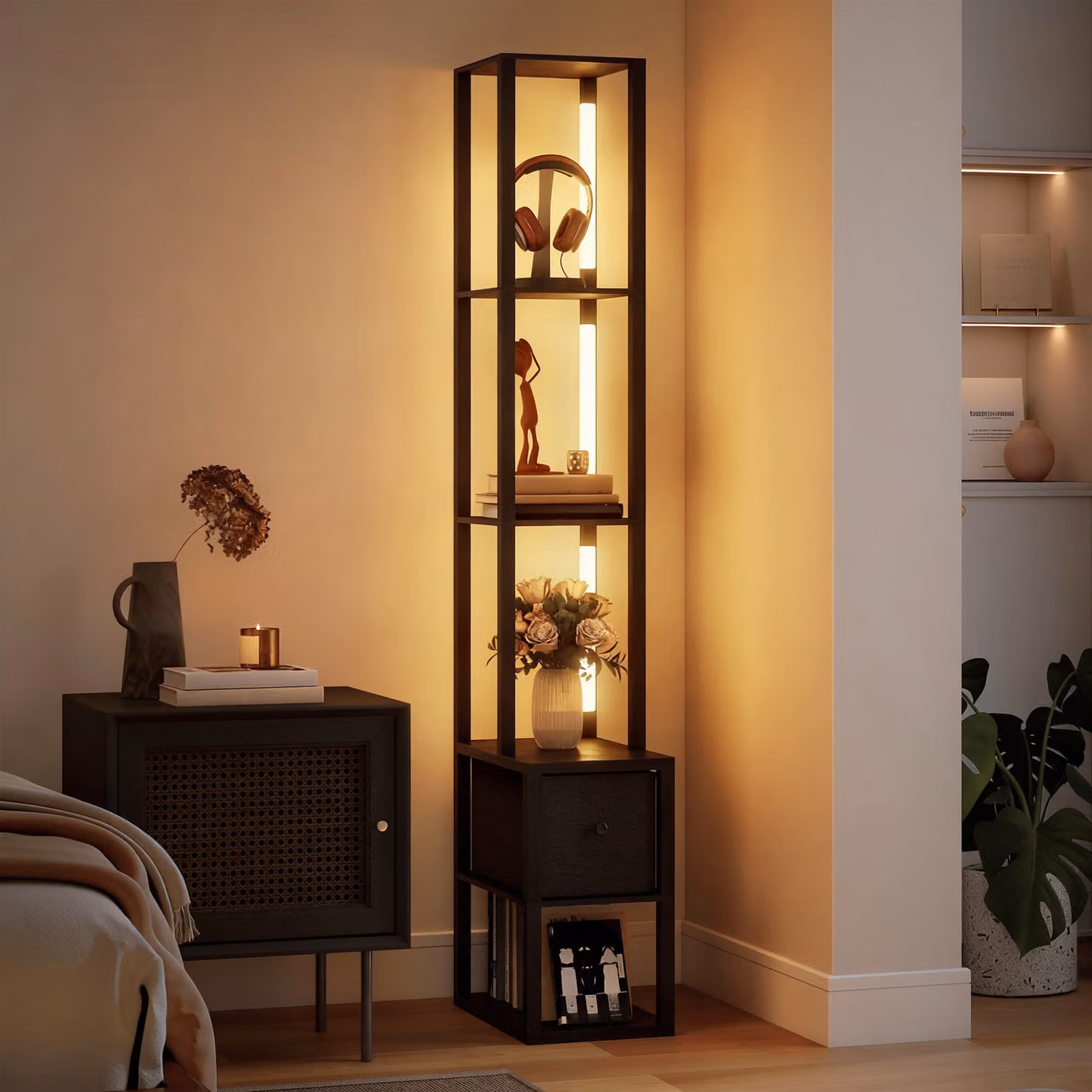 HOMCOM Modern LED Floor Lamp with Shelves and Fabric Drawer, Dimmable Column Standing Lamp in Black – 2