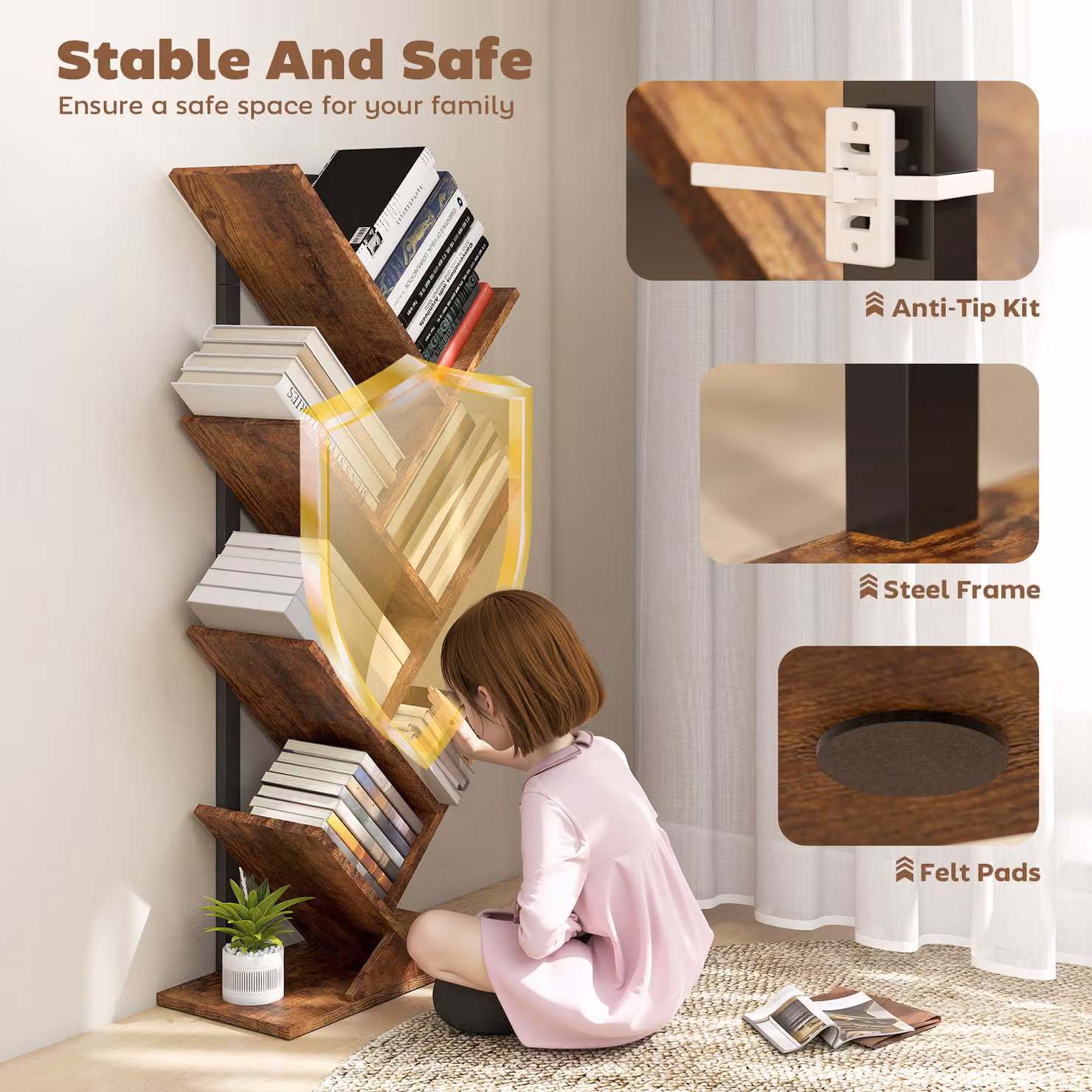 HOMCOM Six-Section Tree Bookcase in Brown Wood-Effect with Media Compartments – 3