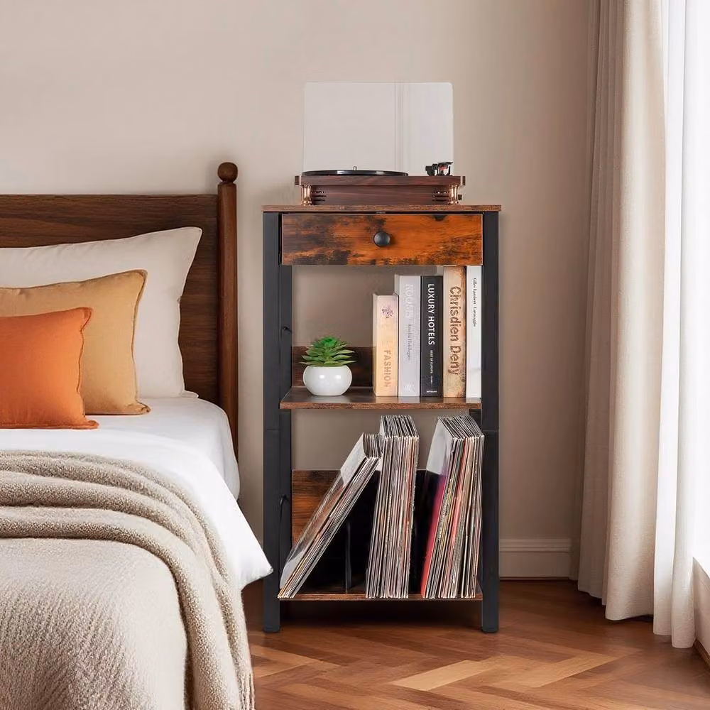 FORGEVIO 3-Tier Vinyl Record Player Stand in Black and Brown, W/D/H: 40 x 30 x 75 cm – 3