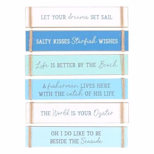 KDMD Pack of 6 Maritime Nautical Wood Block Signs in Blue and White