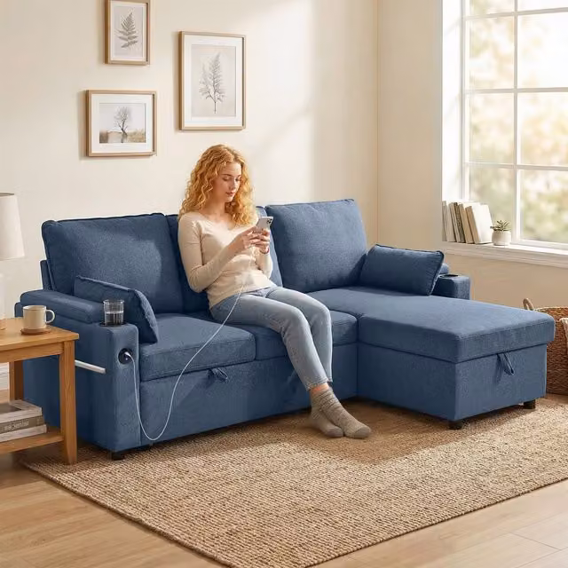 HOMCOM L-Shaped Corner Sofa Bed with Storage Chaise and USB Charging Ports, Blue Fabric