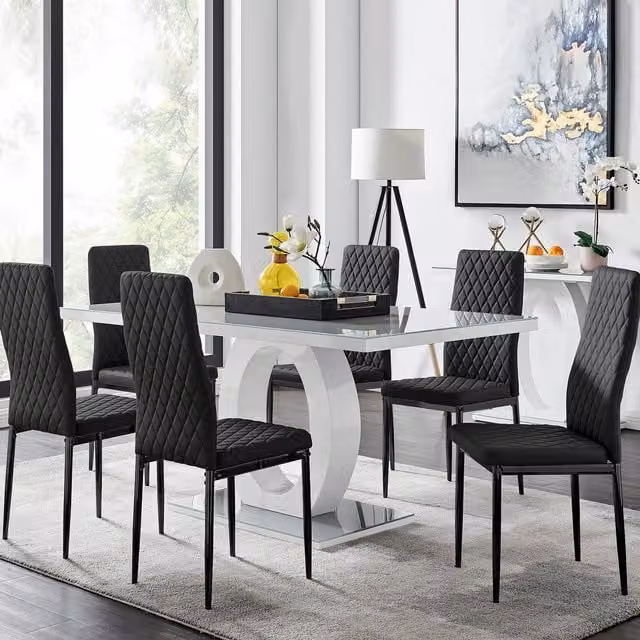 FurnitureboxUK Giovani 6-Seater Grey Glass Dining Table and 6 Black Faux Leather Milan Dining Chairs – 1