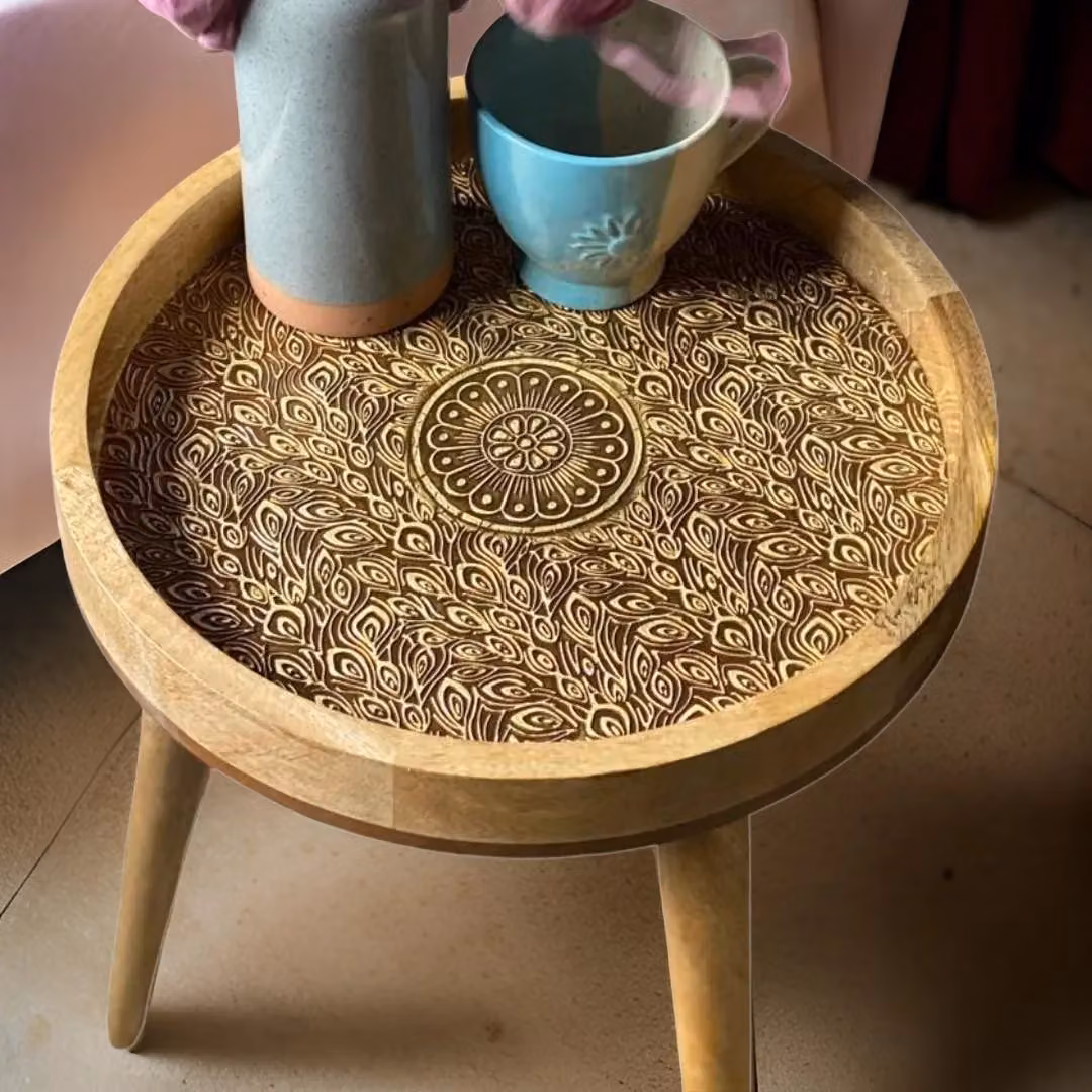 Hartsmede Handcrafted Mango Wood Side Table with Detachable Legs, Round Gold and Brown Design, H 61 cm x W 37 cm x D 37 cm – 2