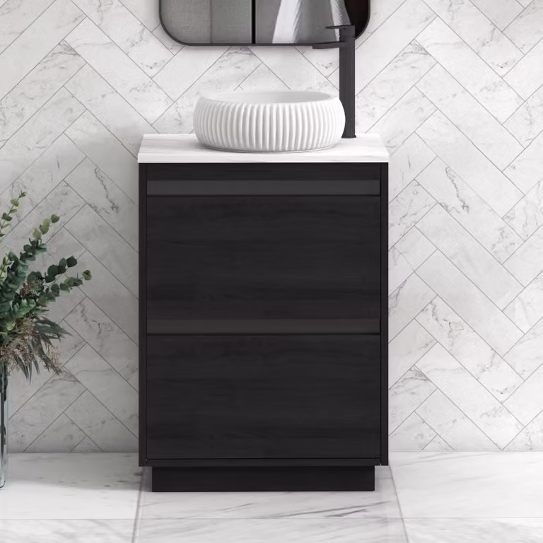 Royal Bathrooms Orion 800mm Hale Black Floor Standing Vanity Unit with Milan Basin and Carrara White Countertop, 2 Drawers and Black Accent Trim