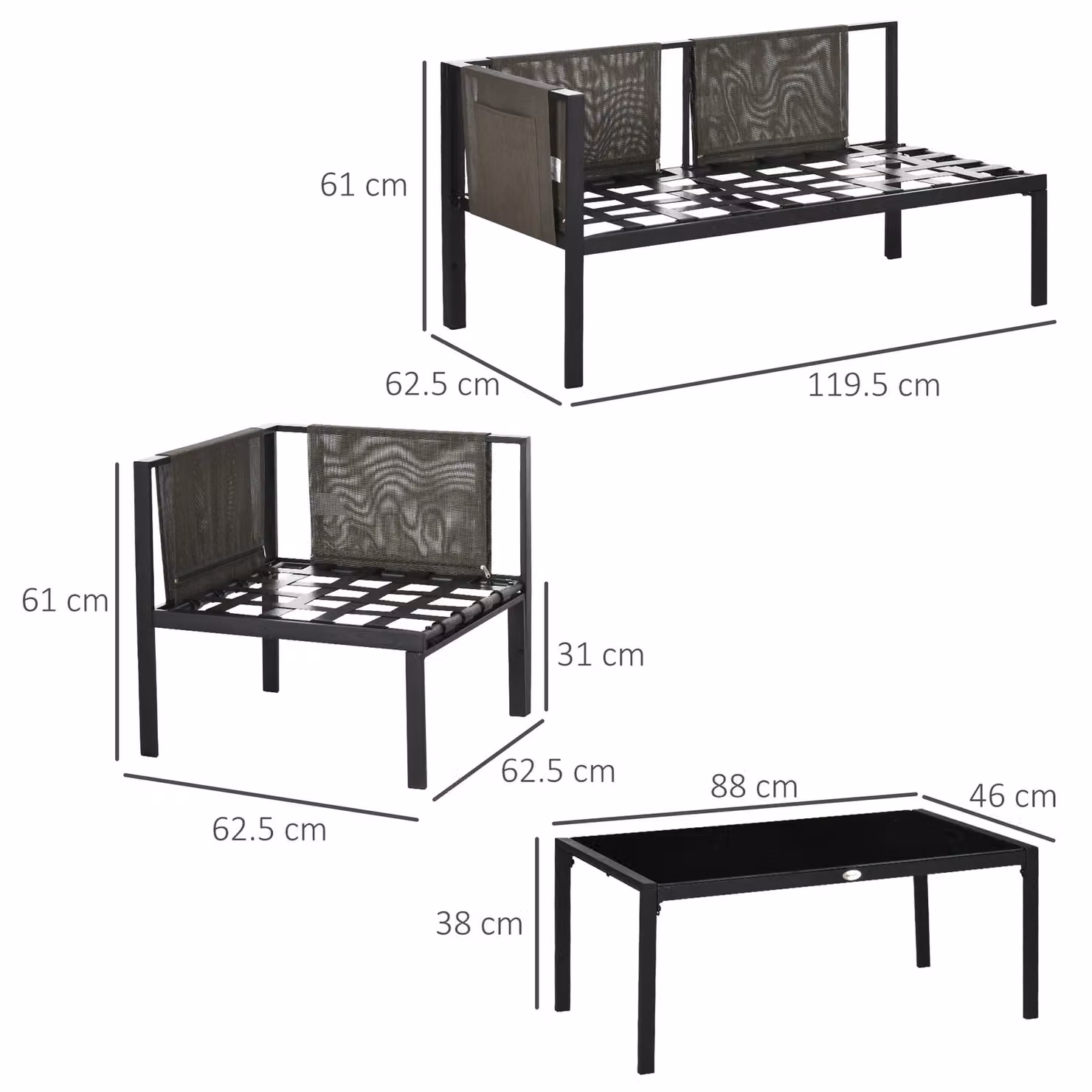 Outsunny 4 Piece Garden Furniture Set with Metal Sofa, Tempered Glass Coffee Table and Padded Cushions in Light Grey – 7