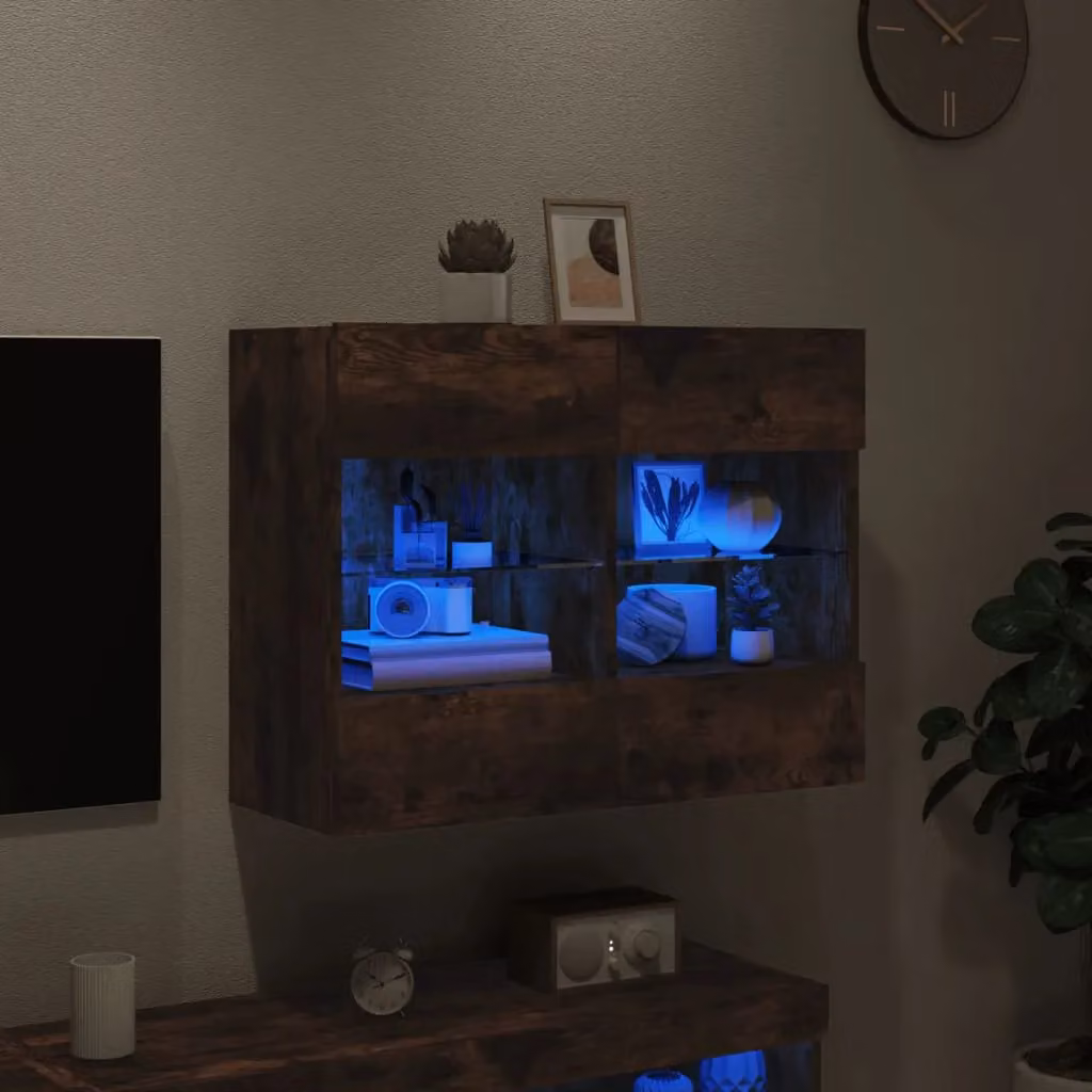 Berkfield Home Modern Wall Mounted TV Cabinet with LED Lights in Smoked Oak Brown, W/D/H: 78.5 x 30 x 60.5 cm – 4